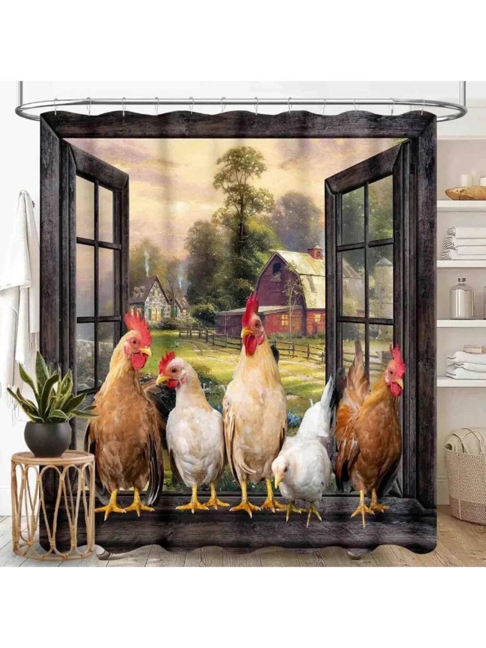 Farmhouse Chicken Shower Curtain Set - Rustic Rooster Design, Waterproof, 72